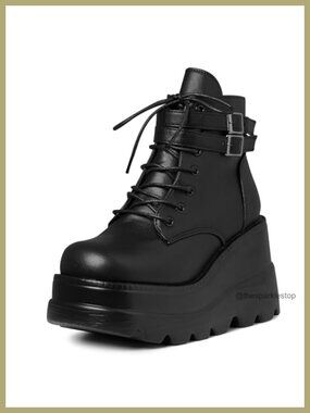 Goth Chunky Platform Boots Women Wedge Heel Lace-Up Vegan PU Leather Round Toe